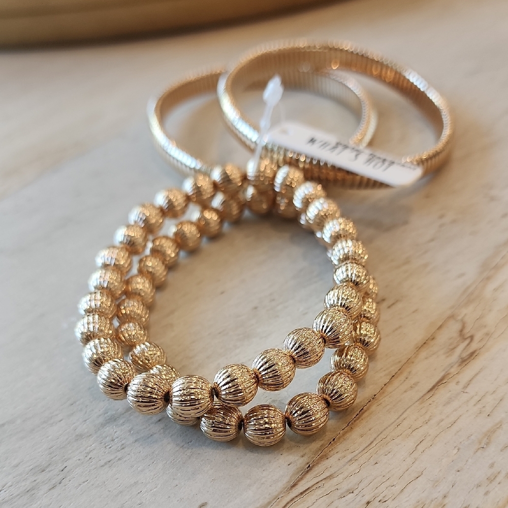 Women's Textured Beaded Gold Ribbed Stretch Water-Resistant Bracelets Set of 4 - Picture 4 of 6